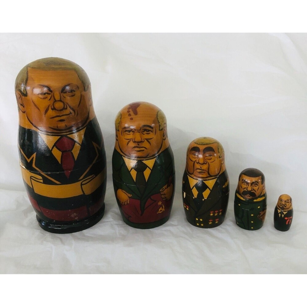 VTG 1992 Russian Hand Painted Wooden Matryoska Stacking Dolls Soviet Leaders